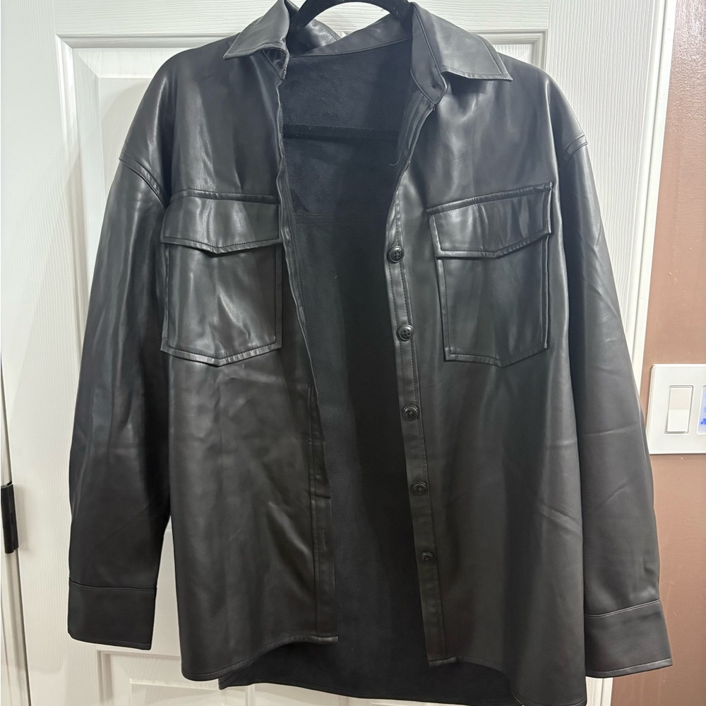 Black Faux Leather Shirt Jacket